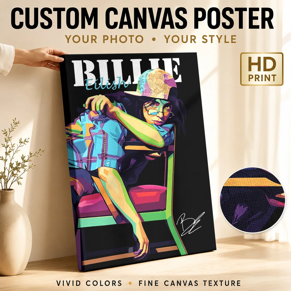 Billie Eilish Portrait Canvas Poster Personalized Photo Retro Music Wall Paintings Decoration for Studio Bedroom Ready to Hang