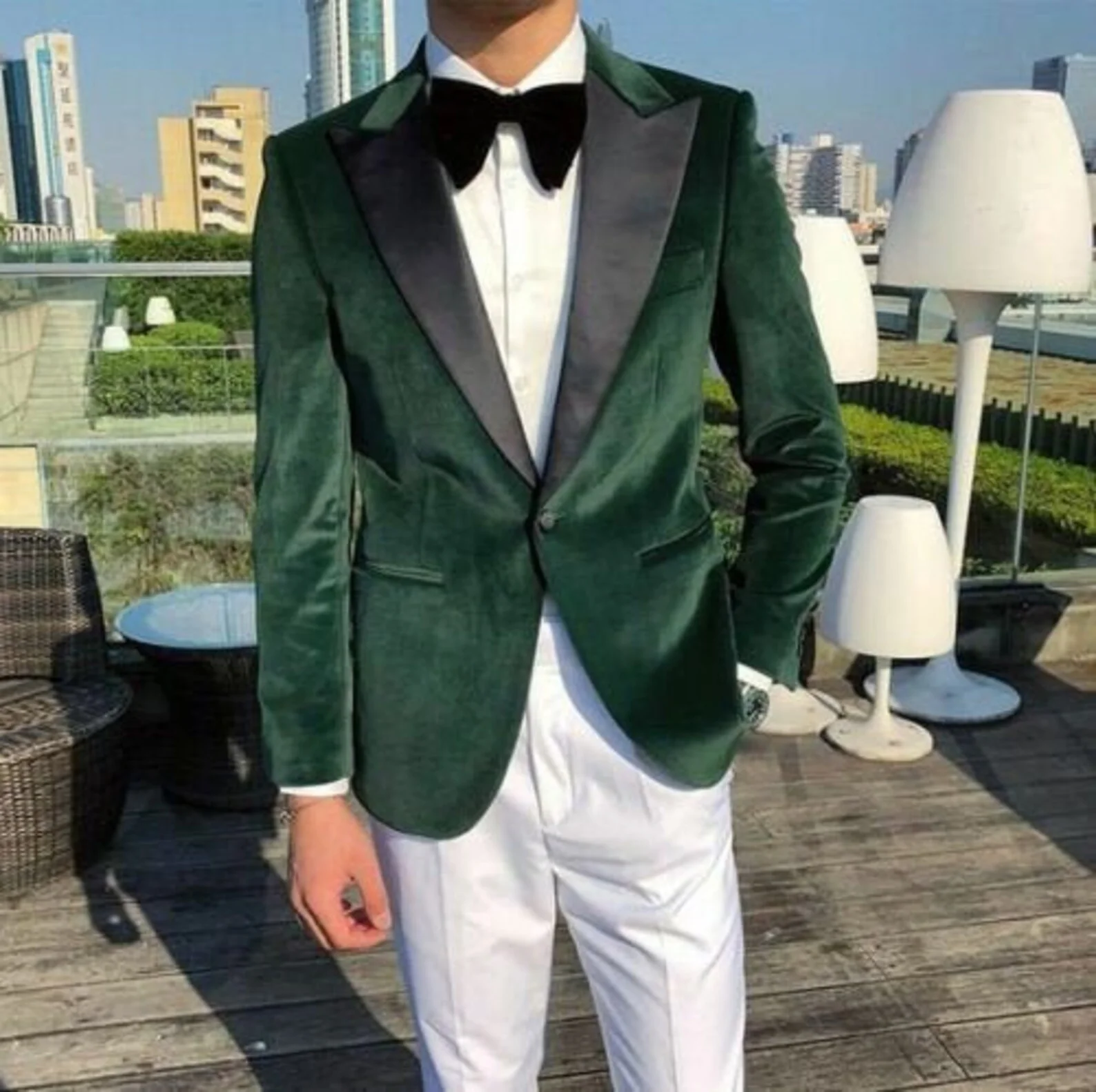 Elegant Green Suits For Men Set 2 Piece Fashion Single Button Peak Lapel Velvet Jacket Evening Party Daily Shopping Casual Suits