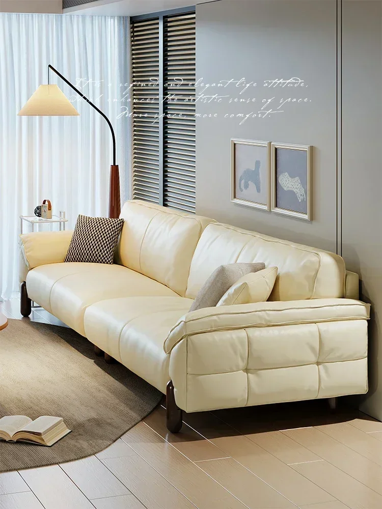 First Layer Cowhide Home Straight Row Concubine Living Room Small Apartment Cream Style Sofa
