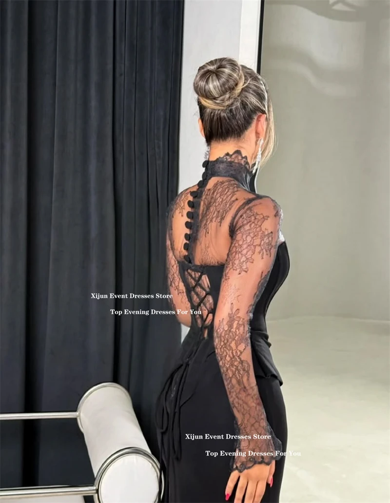 Xijun Sexy Black Crepe Evening Dresses High Collar Long Sleeves Saudi Arabia Formal Prom Dresses Corset Button Prom Gowns Custom image 3