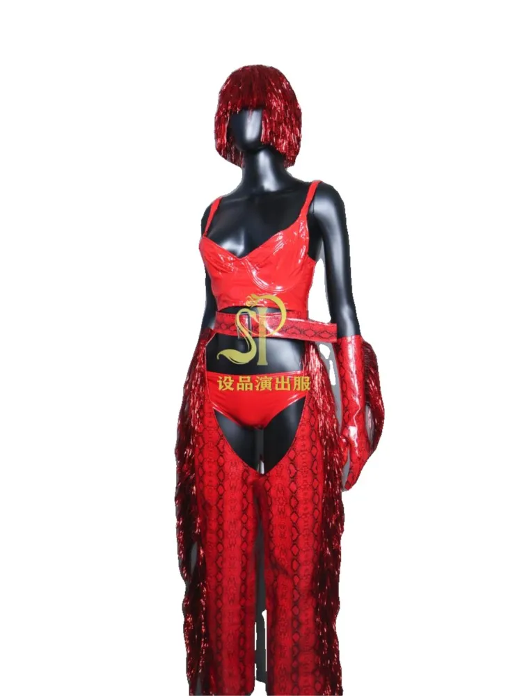 Bar Red Leather Gogo Show Costume Singer Dancer Performance Outfit For Woman