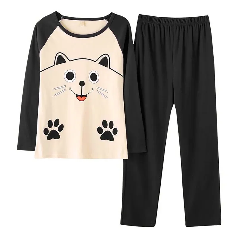 Women Cute Cartoon Spring Autumn Long-sleeved Trousers Pajamas Set Casual Large Size Sleepwear Ladies Cotton Homewear Clothes