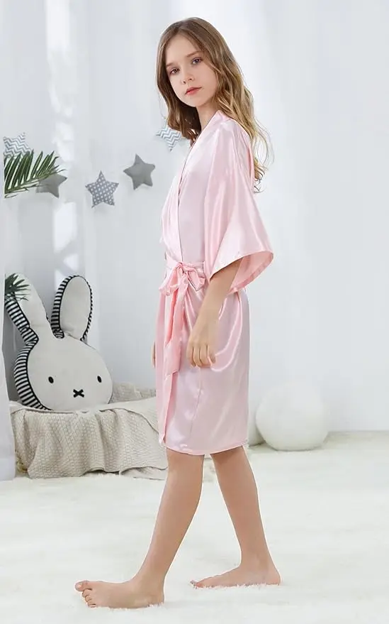 Girl's Kid's Silky Satin Solid Color Short Kimono Robe for Wedding Birthday Party Spa