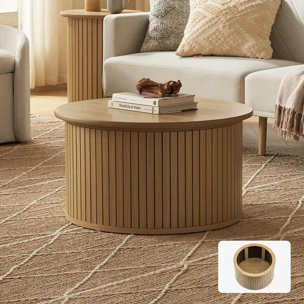 Quin Round Coffee Table com armazenamento, Drum Accent Coffee Table, Mesa de café de madeira moderna do meio século, Mesa central canelada