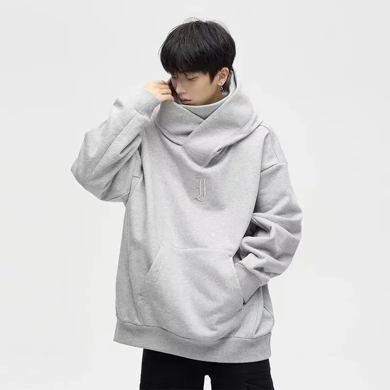 Autumn Streetwear Turtleneck Hoodies for Men Letter Embroidered Hip Hop Fashion Sweatshirts Y2K Vintage Fleece Hoody