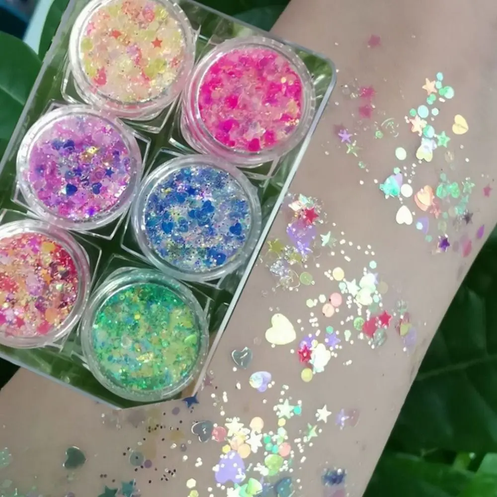 6Jars/Set Cute Colorful Eyeshadow Glitter Gel Stage No Glue Required Heart Star Moon Sequins Face Hair Body Nail Glitter Gel