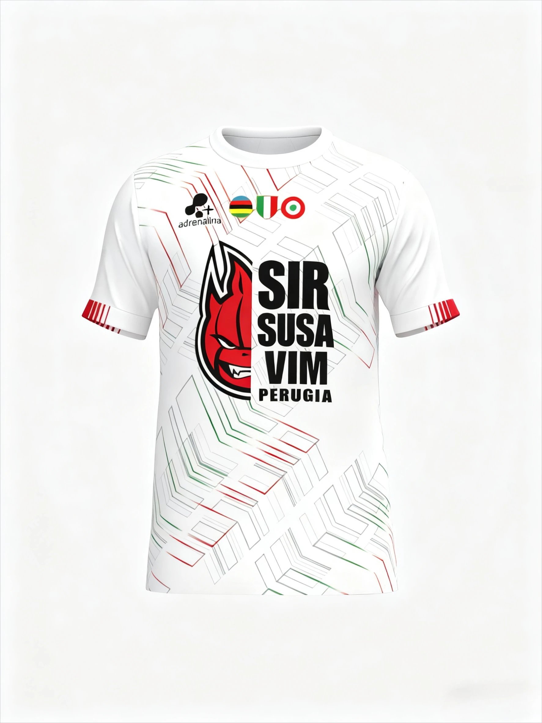 Sir Safety Susa Vim Perugia Jersey – Camisa oficial de vôlei branca com padrões geométricos para fãs