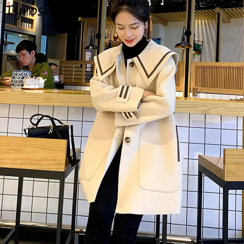 

Women Wool Blends Coats Preppy Style Patchwork Lovely Chic All-match Ulzzang Femme Streetwear Single Breasted Casual Retro Sweet