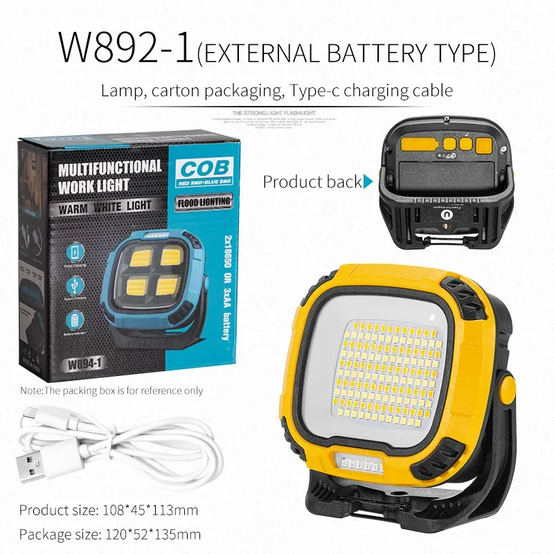 Portátil recarregável Magnetic Work Lamp, LED Spotlight, lanterna, luz forte, lanterna, ao ar livre, Camping, pesca, emergência, W892