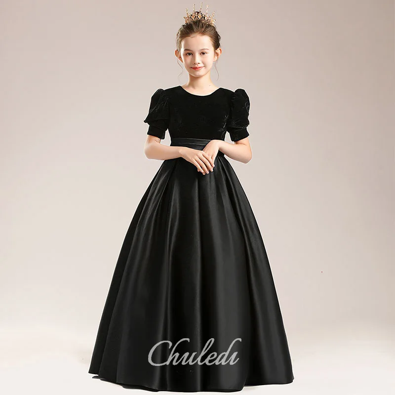 Vestido de princesa de terciopelo negro para niñas, falda de satén con mangas abullonadas, traje de actuación hasta el suelo