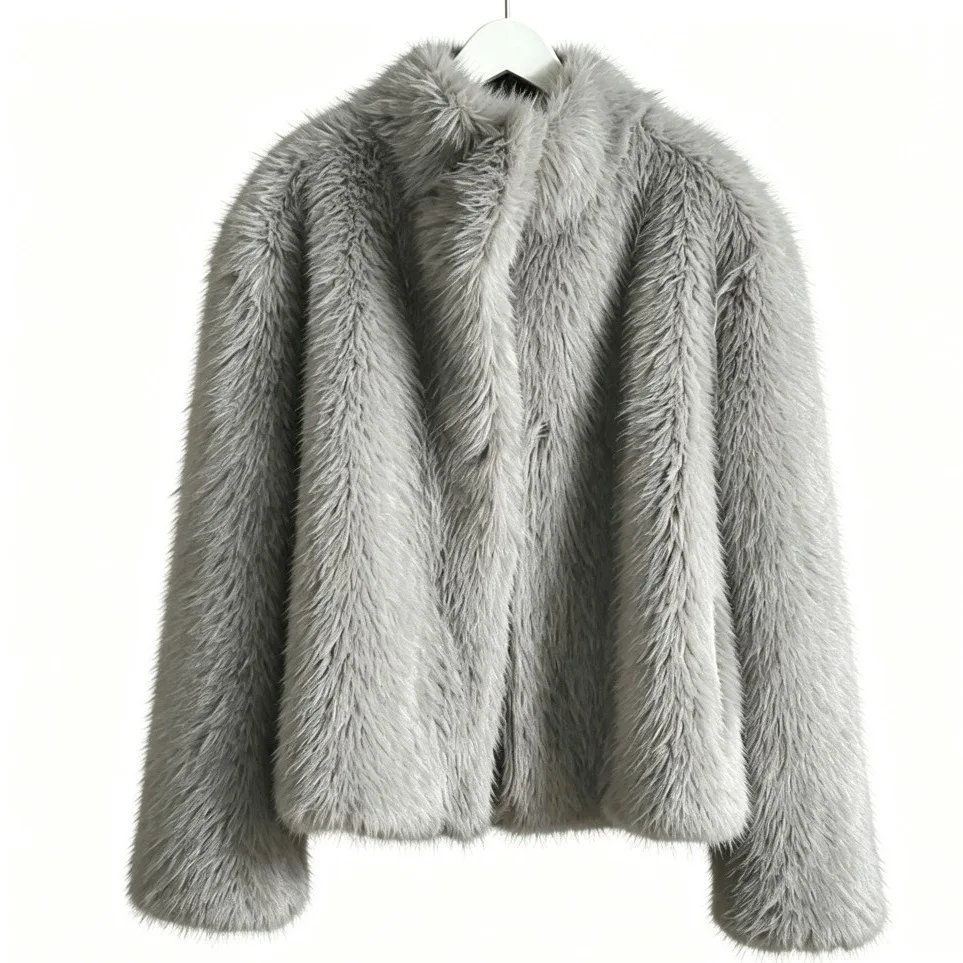 Short Faux Fur Coat for Women 2026 Winter Stand Collar Open Front Fluffy Furry Jacket Streetwear Loose Warm Plush Outerwear