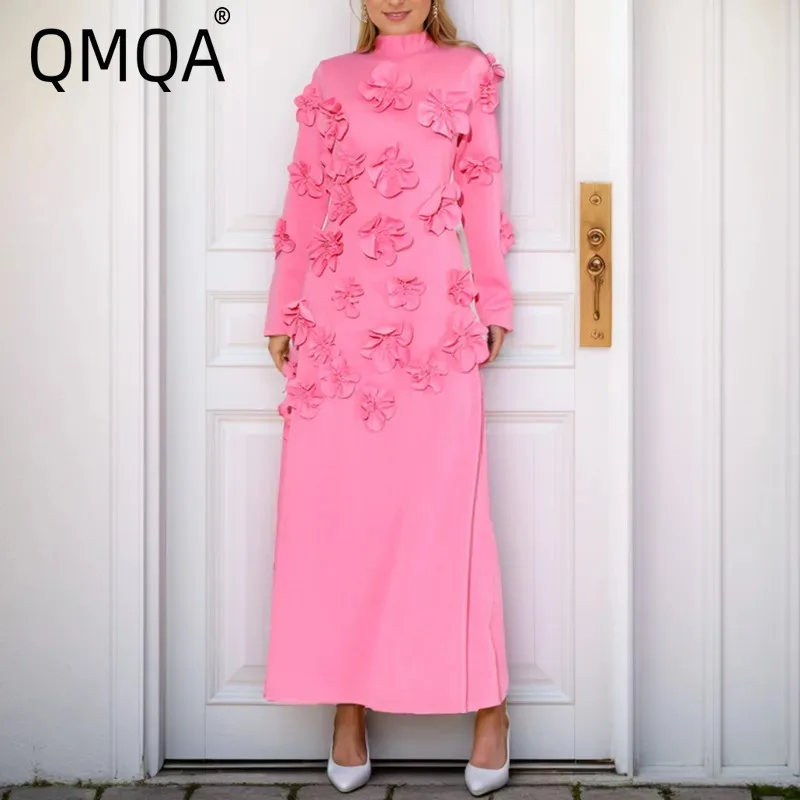 QMQA Fashion Women's Elegant Splicing Decal Dress Stand Collar Long Sleeve High Waist Work Lace Weight Loss Dress 2024 New 1A472