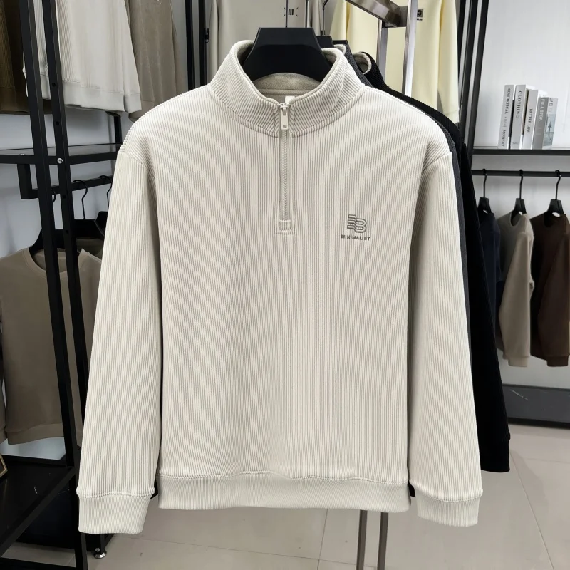 Designer Original Men's Fleece-Lined Half Zip Mock Neck Ribbed Sweatshirt Soft Warm Anti Pilling Casual Autumn Winter Men's Wear