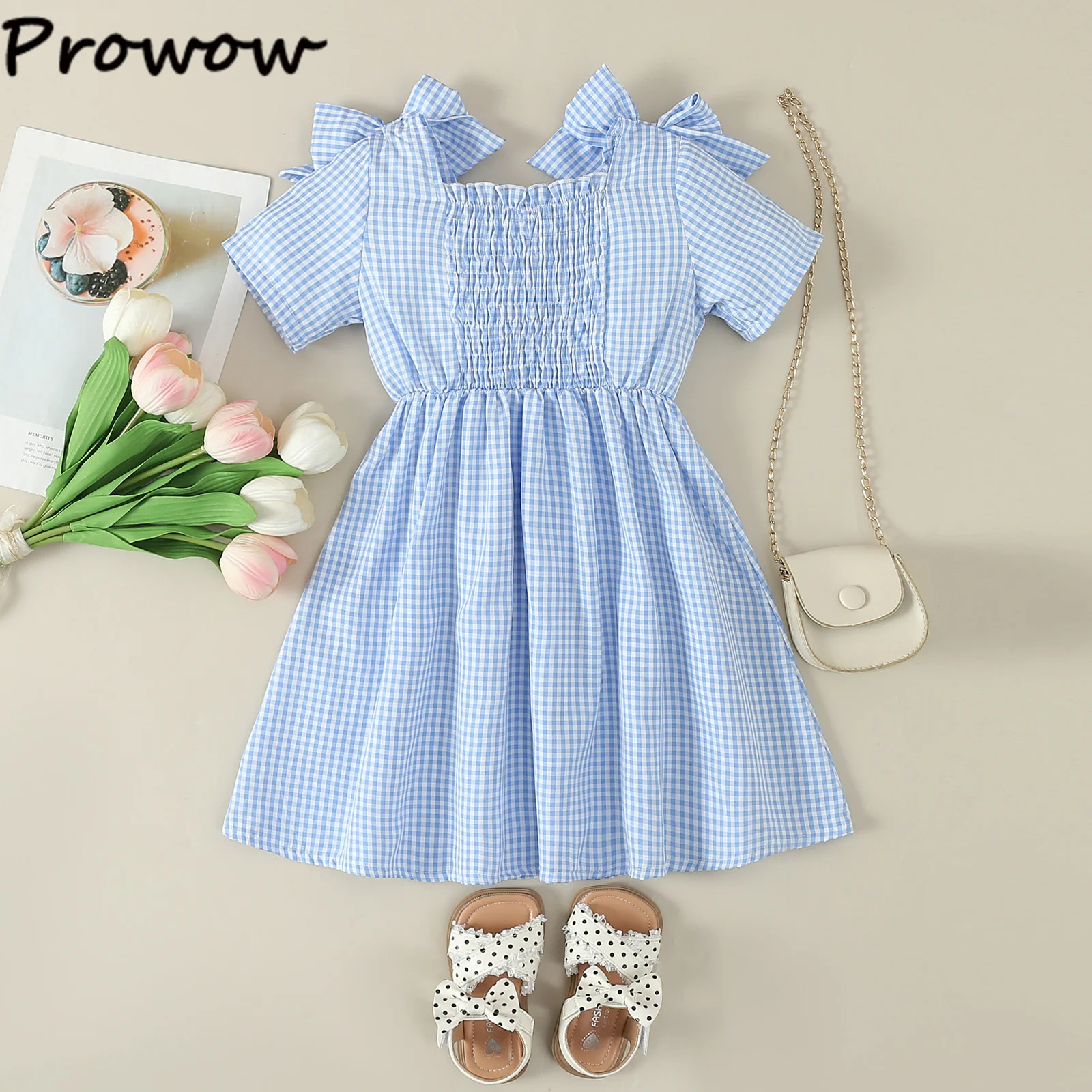 Prowow Summer Brother and Sister Matching Outfits Toddler Boy Gentleman Sets Blue Plaid Smocked Girl Dresses Family Clothes