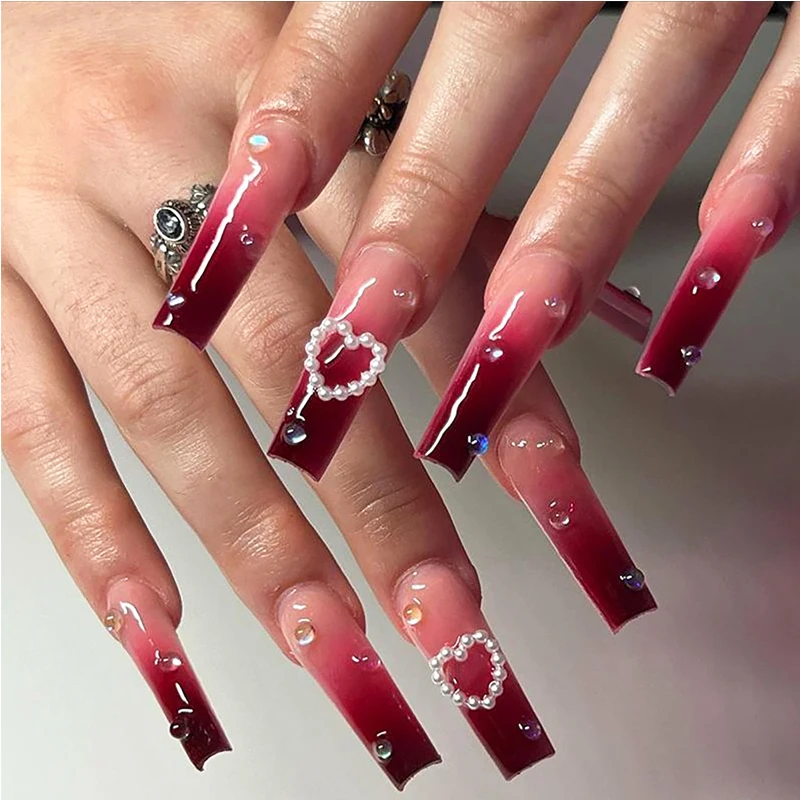 

24 PCS Red Heart Nail Art, Long Length Long Water Pipe Fake Nails,Square Head Nail Tips False Nail