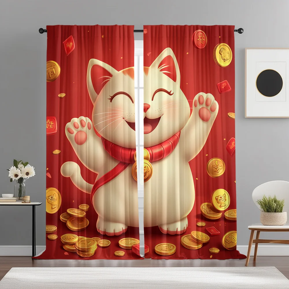 Cute Fortune Lucky Cat Curtain Panels,Red Base Maneki Neko Gold Coin Red Packet Wealth Pattern Drapes for Dining Room Decoration