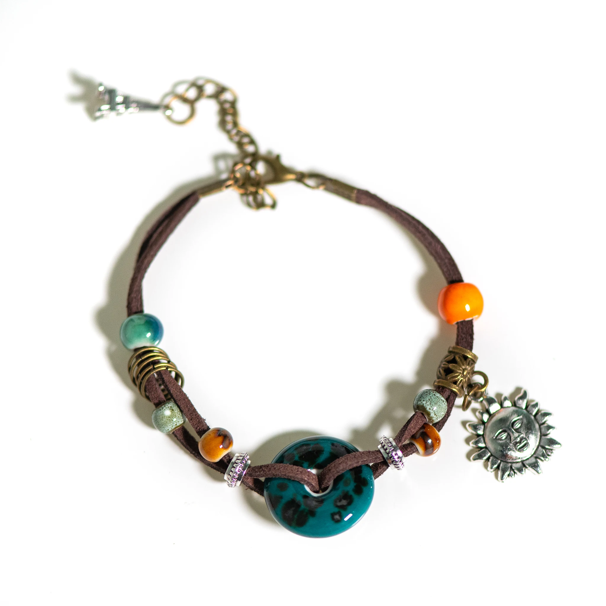 Bohemian Ceramic Sun Bracelet with Adjustable Chain Handcrafted Velvet and Alloy Design