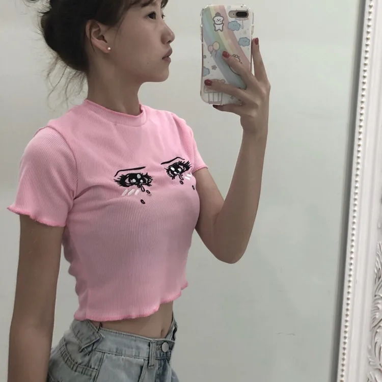 Kawaii Lolita Girls Pink T-shirt Trendy Summer Sexy Knitted Short Crop Top Yk2 Youthful Women Aesthetic Harajuku Corset Clothes