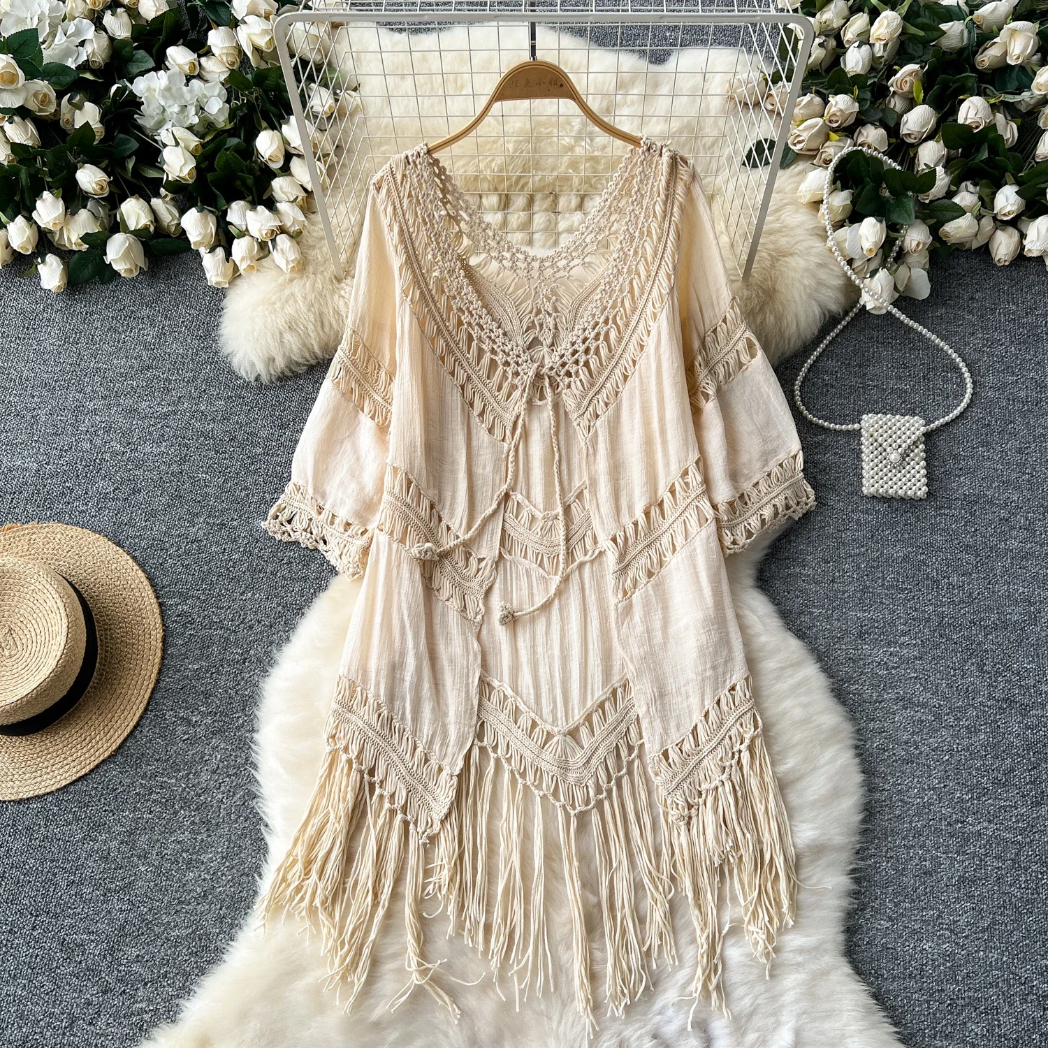 Women Sweet lace-up v neck cut out Cardigan Vintage Elegant Korean loose Fashion Knitwear Beach Casual dresses