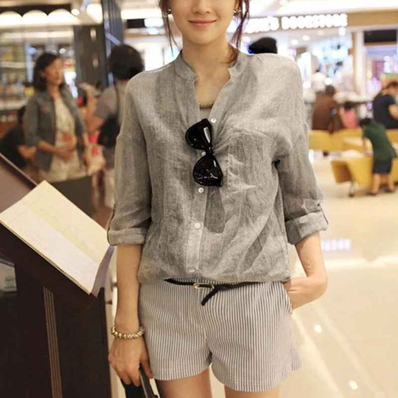 Vêtements d'été amples en coton et lin pour femmes, vêtements de Protection solaire irt, sept-quarts, col montant, Fre japonais Sle, nouvelle collection 2024