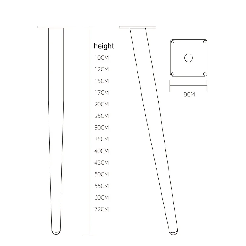 Patas de Metal cónicas para muebles, pies de Silla, patas de tocador, mesa de comedor altos para pies de mesa, 1 pieza