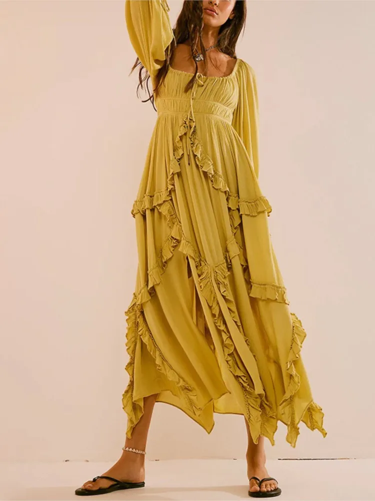 

Autumn Vintage Beach Dress Long Sleeve High Waist Long Dresses Style Solid Color Ruffled Vestidos Para Mujer Temperament Outfits