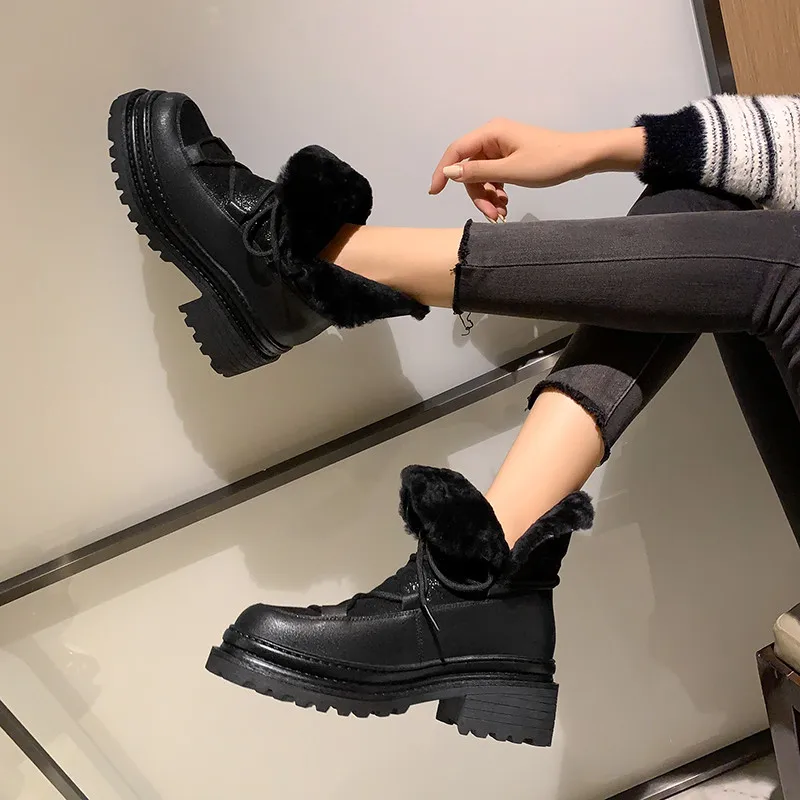 FEDONAS Winter Warm Wool Women Ankle Boots Genuine Leather Fashion Cross-Tied Snow Boots Casual Outdoor Thick Heels Shoes Woman