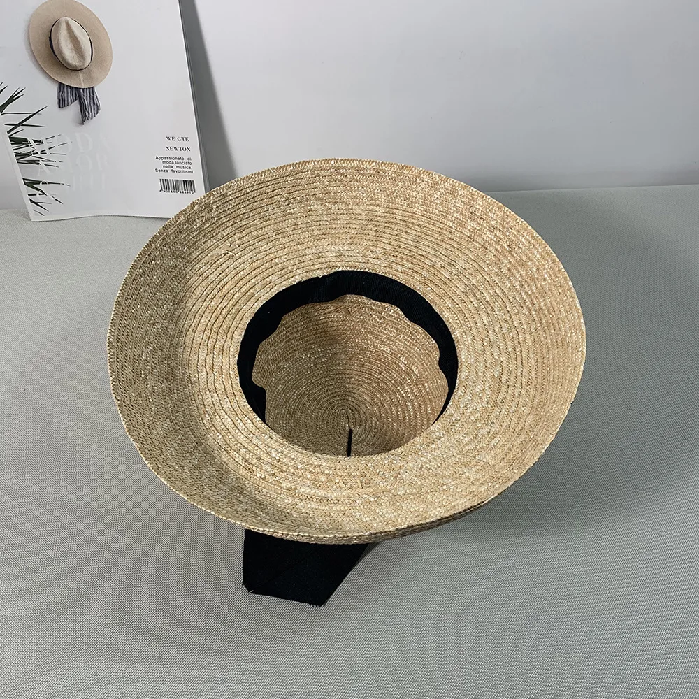 Women\'s summer big soft top hat straw hat with black and white ribbon lace tie m wide brim sun hat UV protection beach hat cap