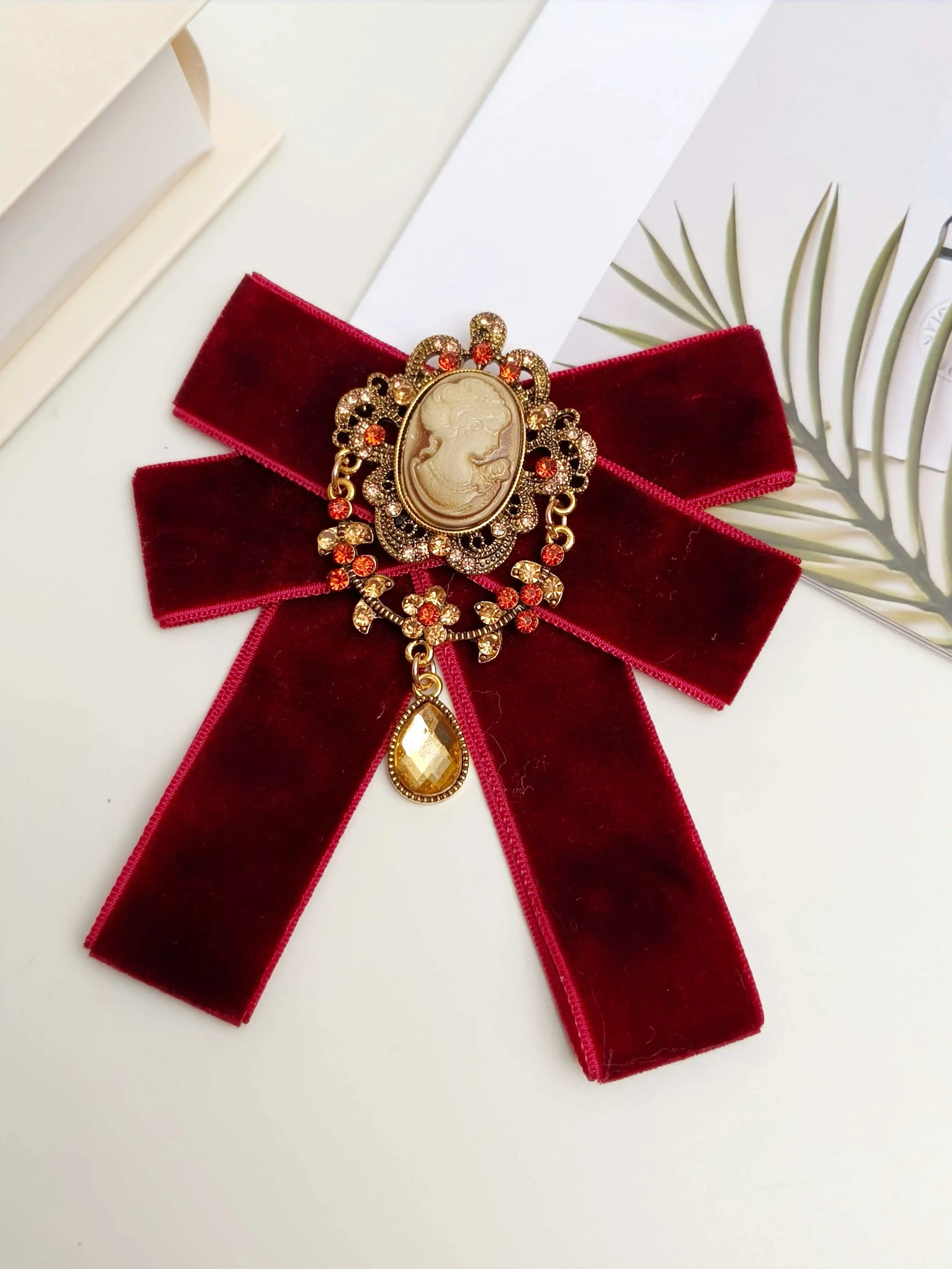 Vintage European-Style Burgundy Velvet Bow Tie, Warm Gold Cameo Portrait Relief, Orange Diamond Teardrop Citrine Pendant Collar Accessory, Elegant Girl's Shirt and Suit Decorative Collar Flower, Evening Wedding Dress Lolita Vintage Photo Accessories