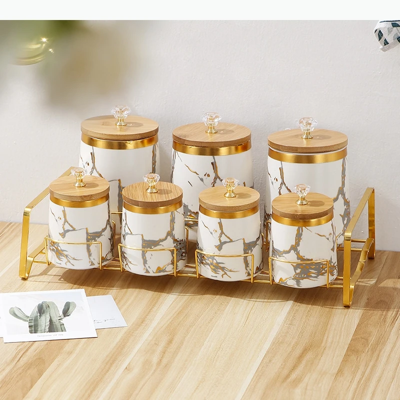 Ceramic Storage Jar Piece Set Airtight Jar Wooden Lid Storage Food Storage Box Tea Caddy Spice Jars Kitchen Storage