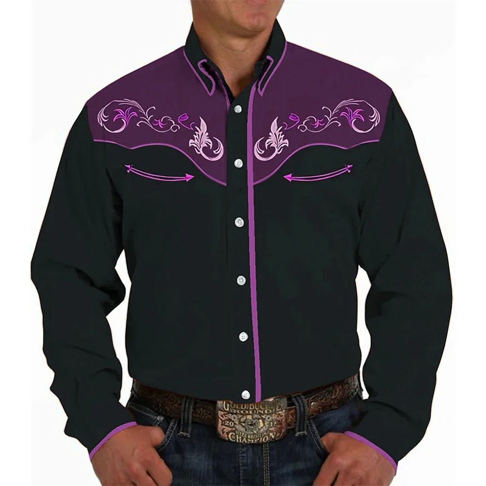 Camisa de mezclilla occidental con patrón de hoja para hombre, puños de calle al aire libre, camisa de manga larga, diseño de botones, top informal