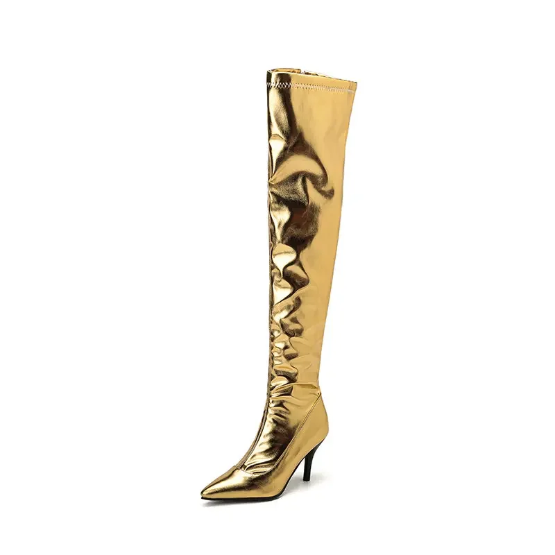 Over-the-knee Boots Big Size 48 Patent Leather Gold Silver Pointed Toe Stiletto High Heels Inner Zip Shiny Party Long Boots 13-7 - view 2