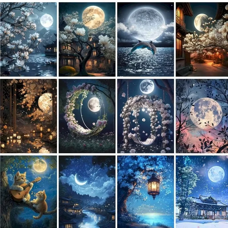 

60X75cm Oil Painting By Numbers Flower Moon Landscape On Canvas DIY Paint by numbers Frameless Digital Painting Home Decor