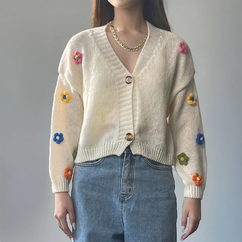 

Кардиган с цветочной аппликацией для женщин, милый укороченный вязаный свитер на пуговицах с цветочным принтом, куртка для девочек-подростков, наряд Y2K Fairycore