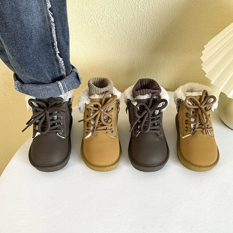 Winter Warm Fur Lined Kids Ankle Boots Toddler Boys Girls Lace Up & Side Zipper Suede Leather Casual Daily Footwear Brown Black