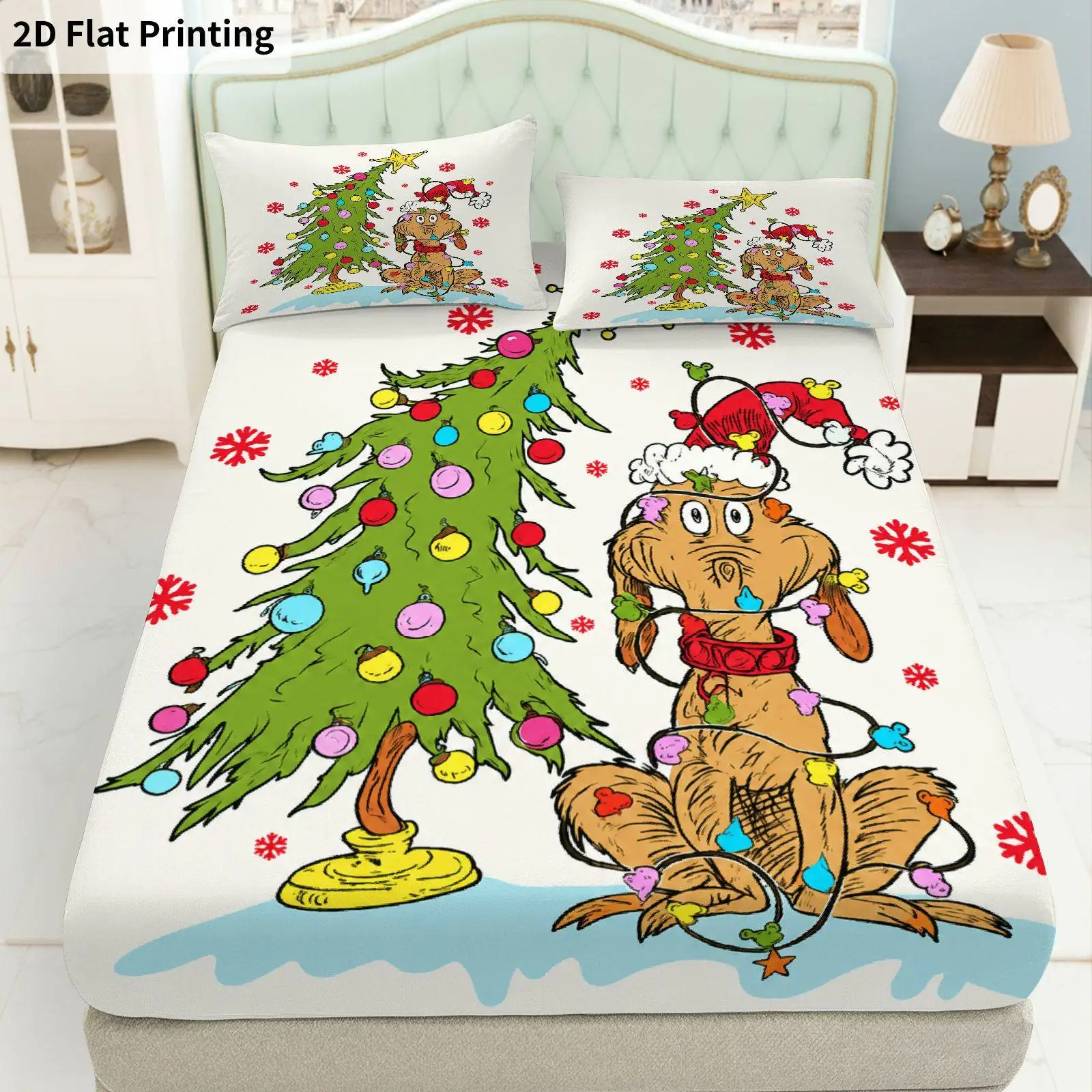 Christmas Tree Dog Bed Sheet Three-Piece Set, Breathable and Comfortable Mattress Protector, Breathable Polyester Material (includes 1 bed sheet + 2 pillowcases), Mattress Protector, Elastic Bed Sheet Style, Protective Cover, Mattress Protector, Bed Sheet Style Bedding, Christmas-Themed Bedding