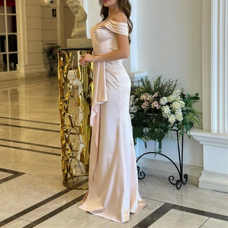 Personalizado clássico estilingue moda plissado slash neck vestidos formais simples sólido longo fino festa de casamento vestidos macio luxo sat