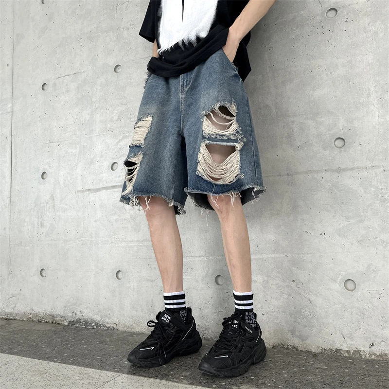 

2024 Men's Summer Fashion Street Style Ripped Dye Denim Shorts Male Loose Knee Length Pants Men Straight Shorts Jeans F39