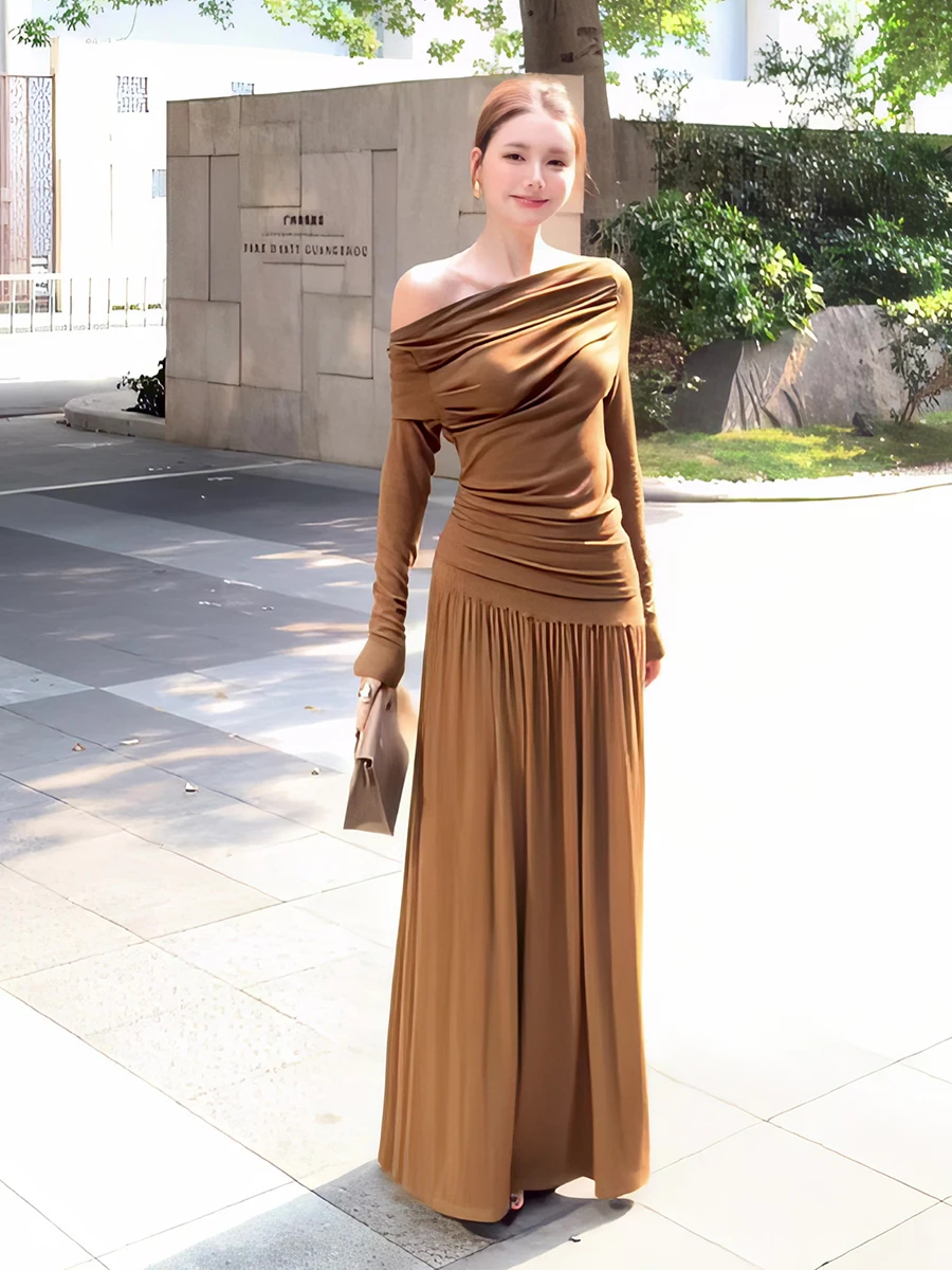 

Fall 2026 Women's Sleeveless T-Shirt High Waist Skirt Set Fashionable Gathered Shoulder High Neck Long Sleeve Top And Midi Skirt