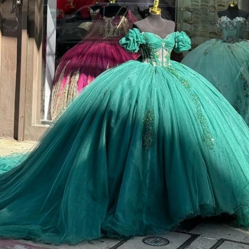 

Изумрудно-зеленое бальное платье с иллюзией платья для Quinceanera с реальным изображением с открытыми плечами для конкурса выпускного вечера наряд корсет платья 15 лет