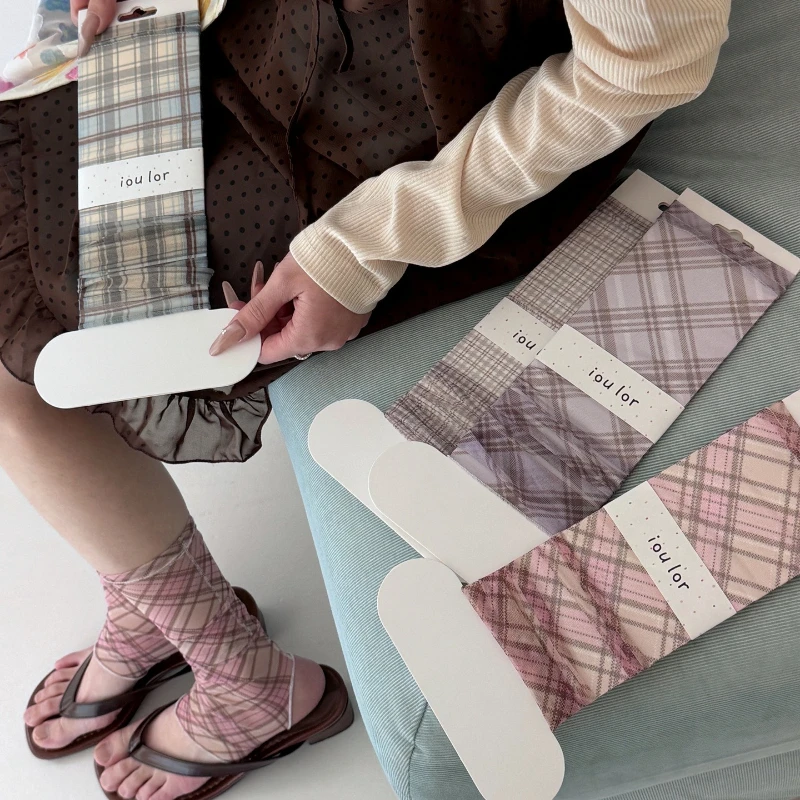 Retro Plaid Breathable Summer Mesh Socks Japanese JK Paired with Sandals Flip Flops Exposed Toe Socks Daily Stacking Socks