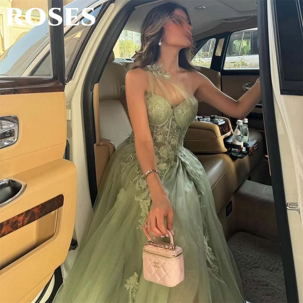 

ROSES Green Prom Dress A-Line Lace Party Dress Celebrity Gown Sleeveless One Shoulder Wedding Party Dress for Woman Customized