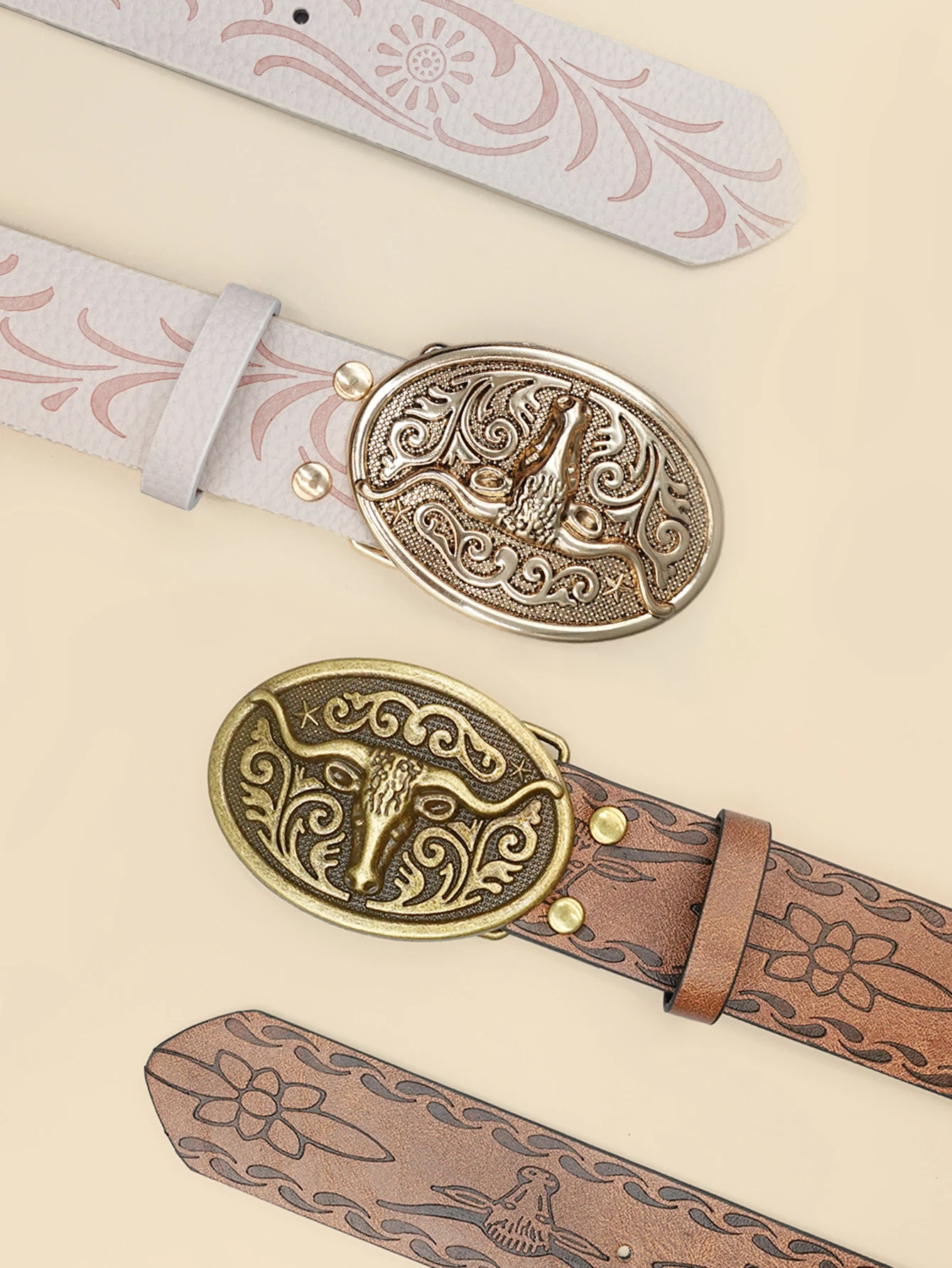 Sabuk Kasual Vintage Gaya Koboi Barat - Gesper Ukiran Kepala Sapi & Cetakan Bohemian, Cocok untuk Perjalanan Sehari-hari & Pakaian Kencan