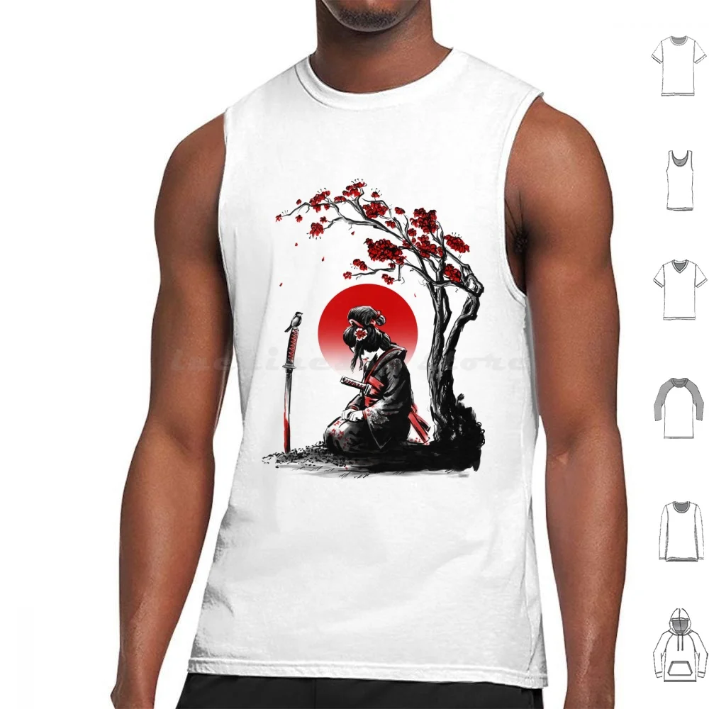 Onna Bugeisha Tank Tops Vest Sleeveless Ronin Geisha Japan Japanese Sumi E Ink Tree Red Sun Anime Sleeve