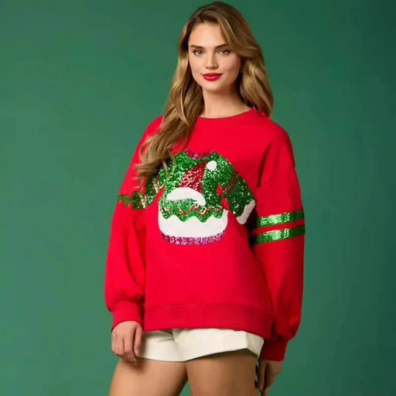 Christmas Sequin Embroidery Top Women Autumn Winter European America Sequin Red Green Top Casual Loose Hoodie O-Neck Top New