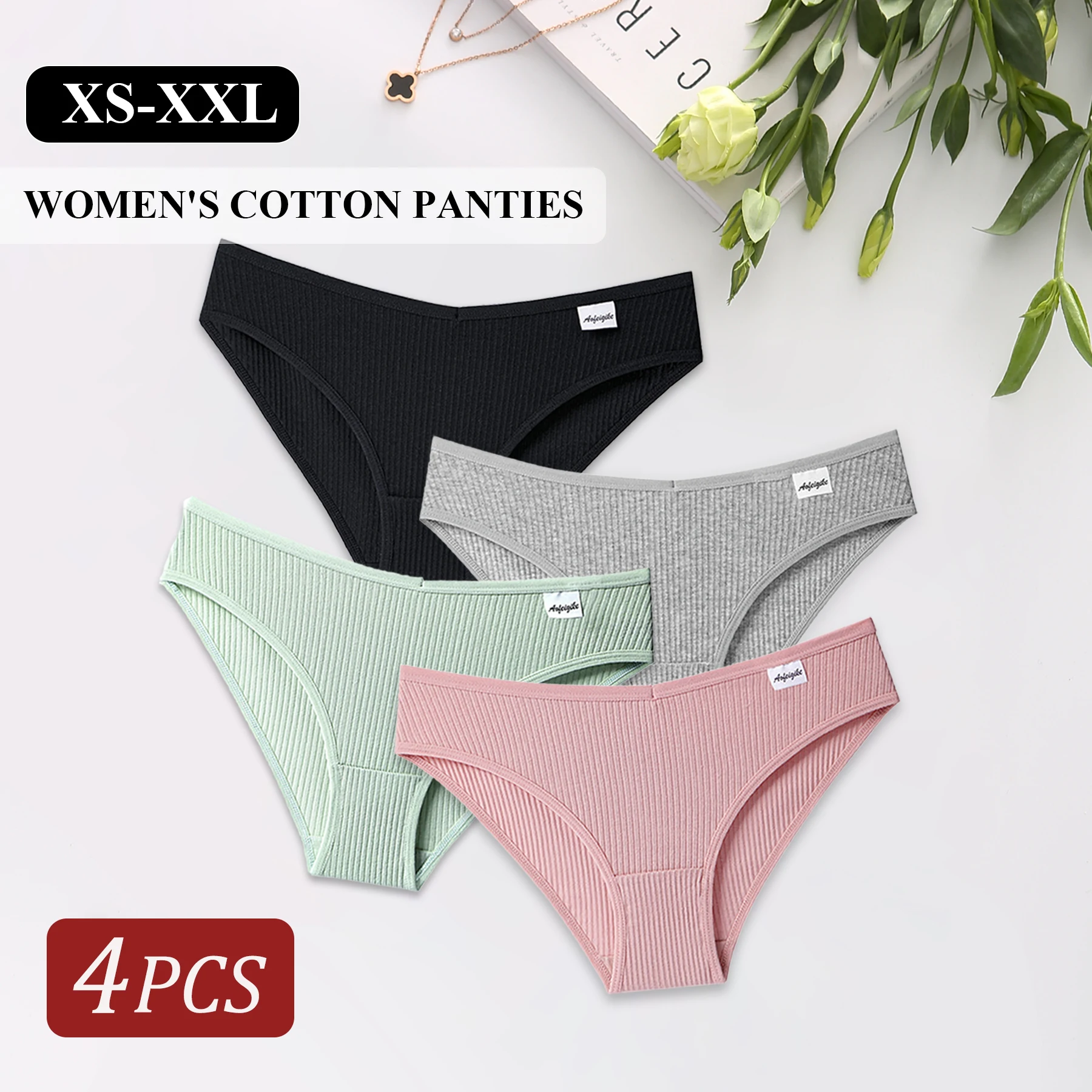 4PCS Cotton Women's Panties Simple Solid Color Striped Underpants Girls Low Waist Sexy Briefs High Quality Lingerie XS-XXL