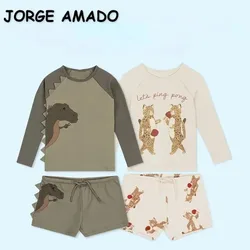 Baby Boy Swimwear Cartoon Dinosaur Print O-neck Long Sleeve Top+drawstring Shorts Kid Split Swimsuit Quick Drying Clothes E23316