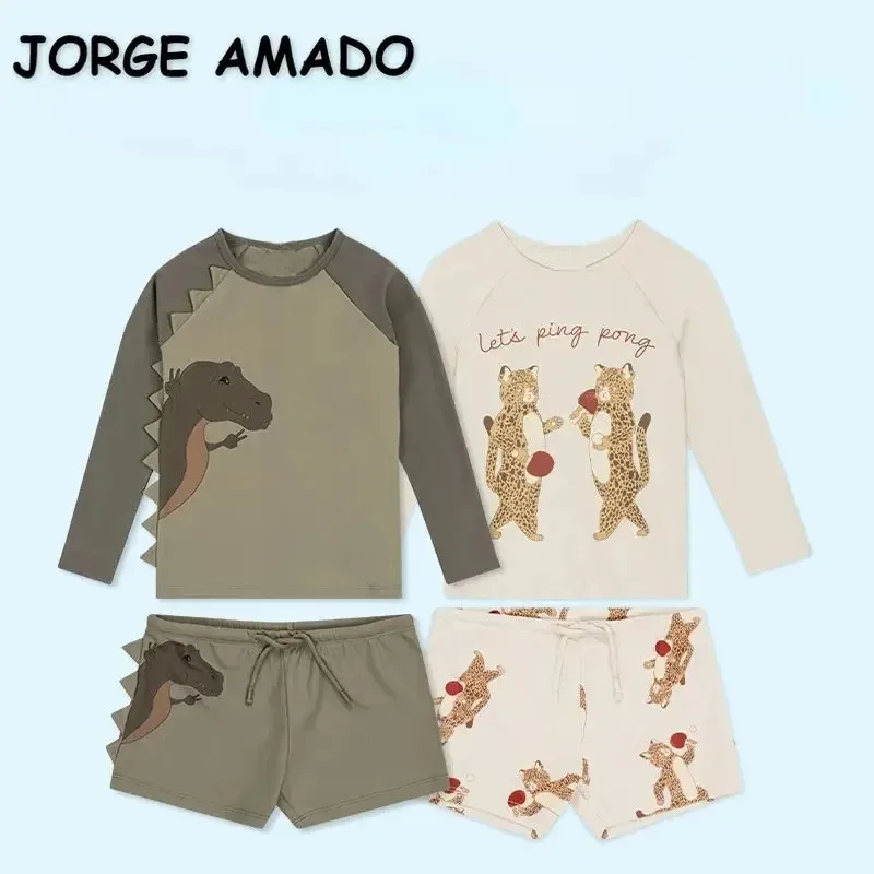 Baby Boy Swimwear Cartoon Dinosaur Print O-neck Long Sleeve Top+drawstring Shorts Kid Split Swimsuit Quick Drying Clothes E23316