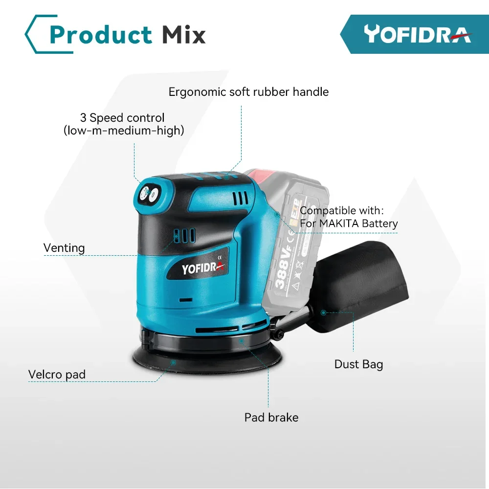 Yofidra 5 Inch 3 Speed Electric Sander Cordless Wood Grinder Polishing Grinding Sanding Machine Power Tool For Makita 18VBattery