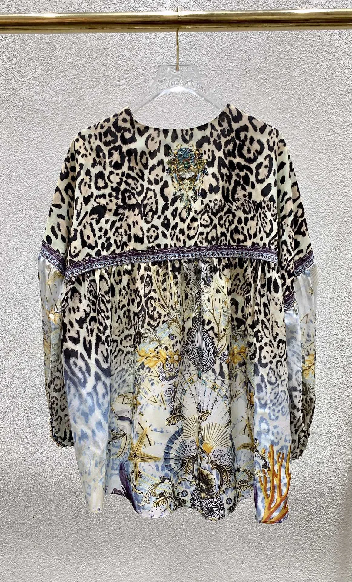 Shirt for Women 2024 New Spring Summer 100% Silk Leopard Printed Beaded V-Neck Lace-up Loose Retro Full Sleeve Blouse